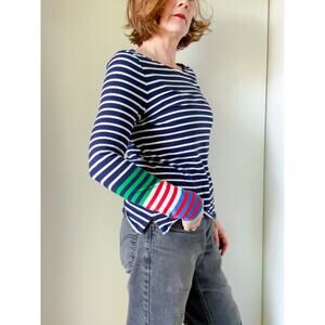 Boden Womens Ella L/S Breton stripe cotton t-shirt with navy white stripe Size M